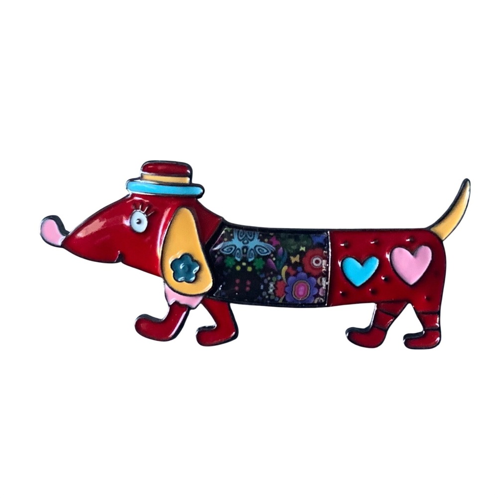 Whimsical Red Dachshund Dog Enamel Brooch Pin Floral Heart Pattern Wiener Gift